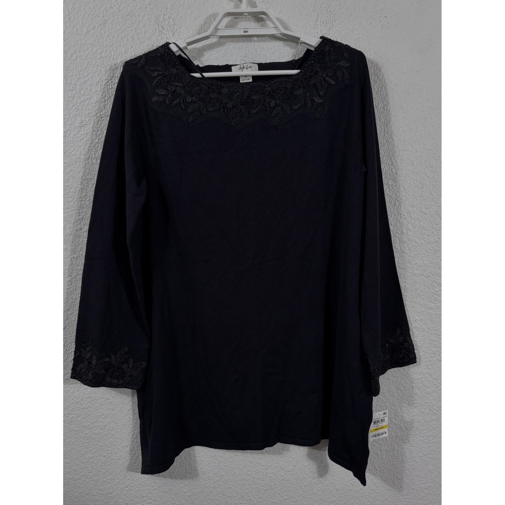 Style & Co Sweater Women Medium Deep Black Embroidered Floral Neckline‎ Knit